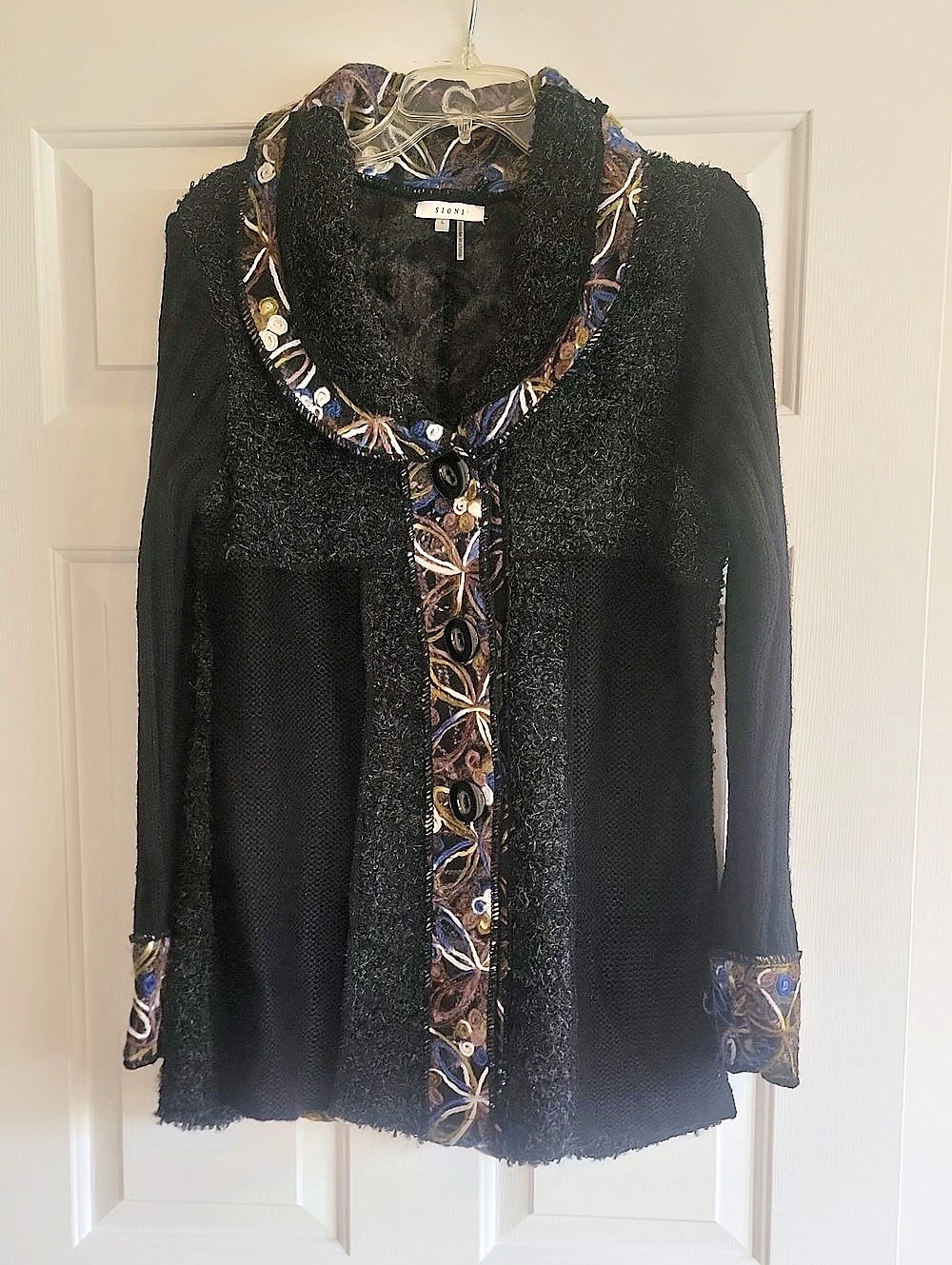 Sioni Floral Trim Mixed Media Teddy Jacket in Black & Blue Size Large